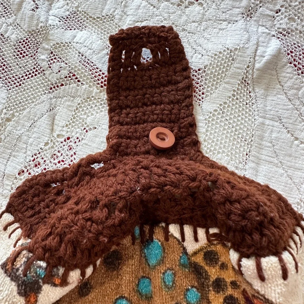 Vintage Mushroom Hanging‎ Kitchen Towel Crochet Top Brown Fringe Cottagecore